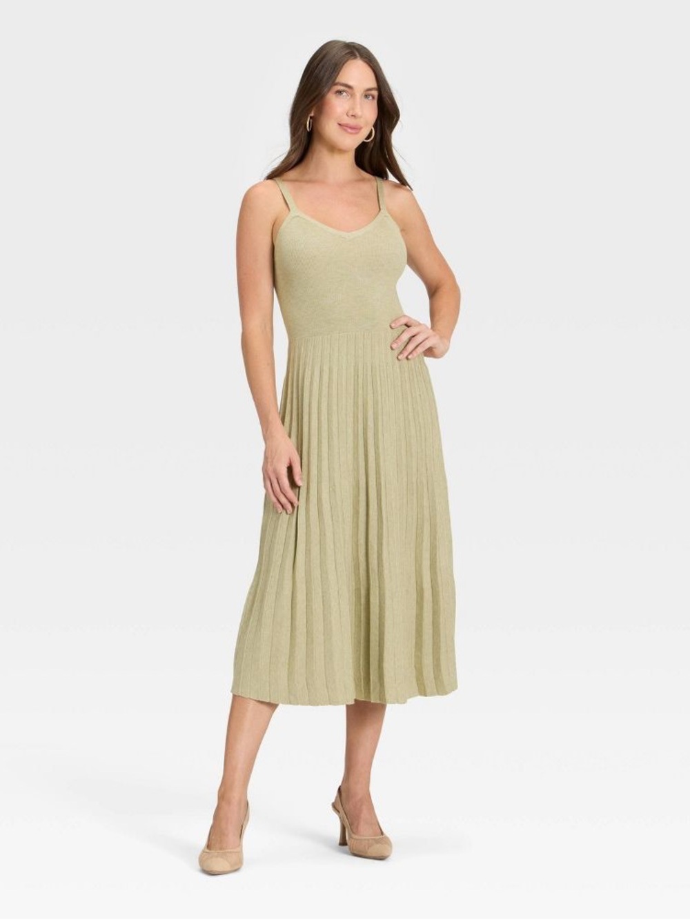 Olive Green V-Neck Knit Maxi Dress - Women